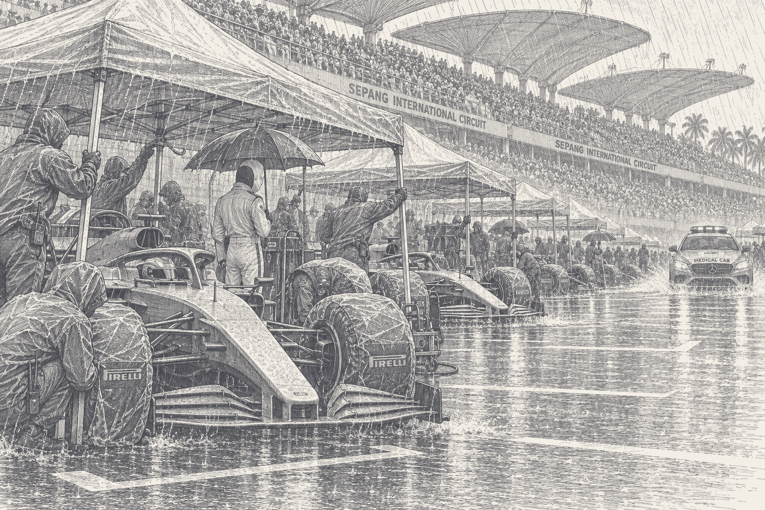 Two-tone hatched-ink illustration of a Formula 1 grid in a tropical downpour, cars sheltered under gazebos held by mechanics in rain capes, tyre blankets soaked, a medical car creeping along the flooded straight with its lights on, and packed grandstands under leaf-shaped roofs behind Sepang International Circuit hoardings.