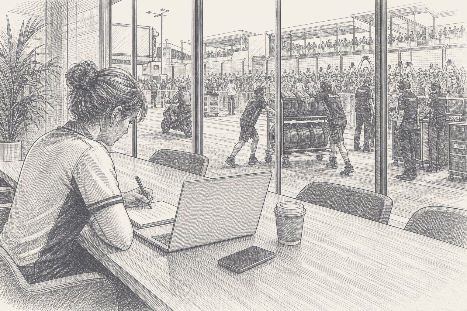 Two-tone hatched-ink illustration of a team press officer writing at a table beside an open laptop and a phone in a paddock hospitality unit, while through the glass wall behind her mechanics wheel a tyre trolley and fans at the fence hold up their phones.
