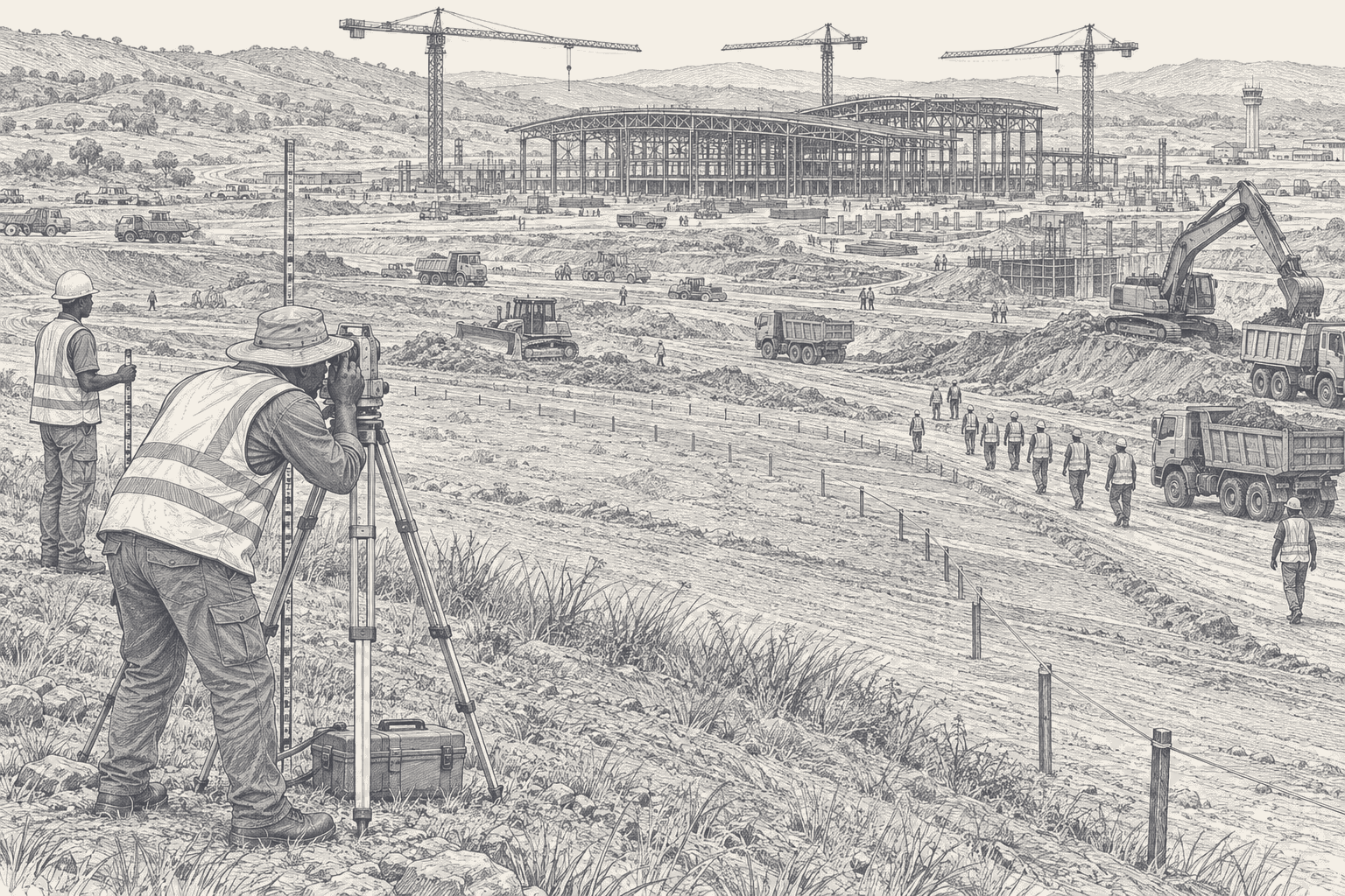 Tower cranes and the steel frame of an airport terminal rise over a construction site in rolling hills while, in the foreground, a surveyor works a theodolite beside a curve marked out only by stakes and string, drawn in two-tone ink.