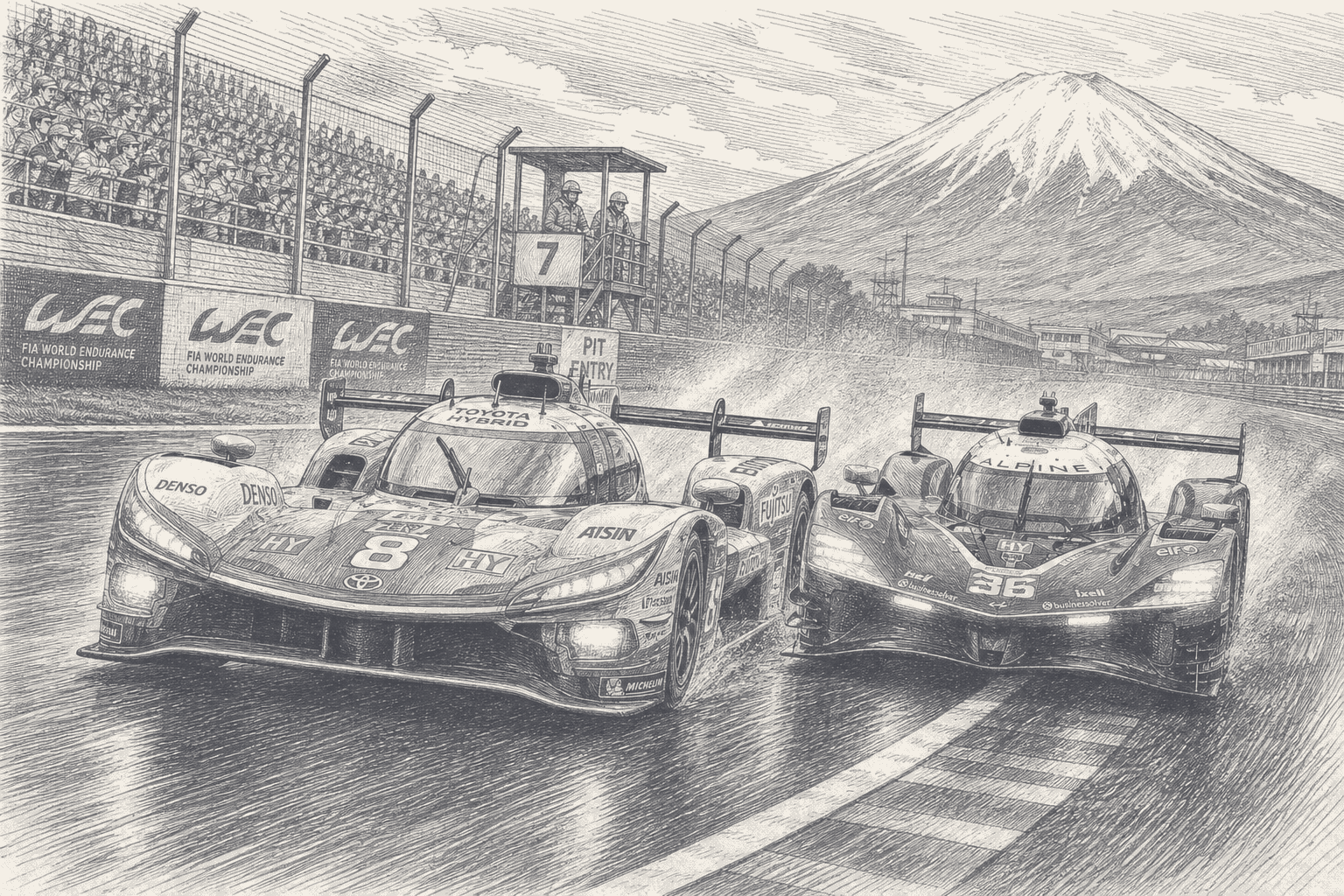 Two-tone hatched-ink illustration of the No. 8 Toyota and the No. 36 Alpine Hypercars racing side by side on a wet Fuji Speedway straight, spray lifting from their tyres, with FIA World Endurance Championship boards, a pit entry sign, a marshal post and a packed grandstand beside the track and snow-capped Mount Fuji behind.