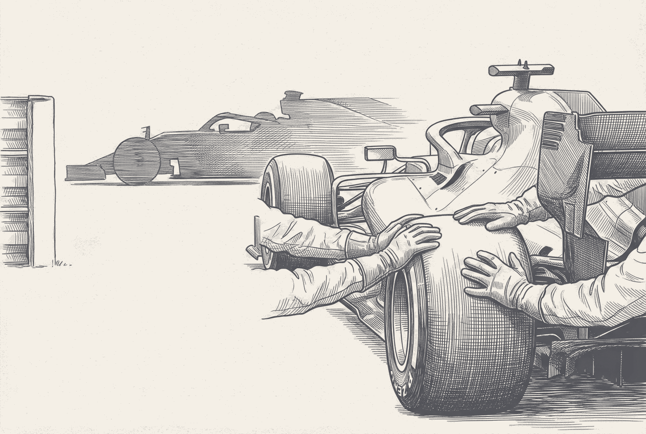 Two-tone hatched-ink illustration cropped close on the rear of a stopped single-seater, marshals' gloved hands braced on its rear wing, engine cover and rear tyre to push it, while a second race car passes at speed on the track behind.