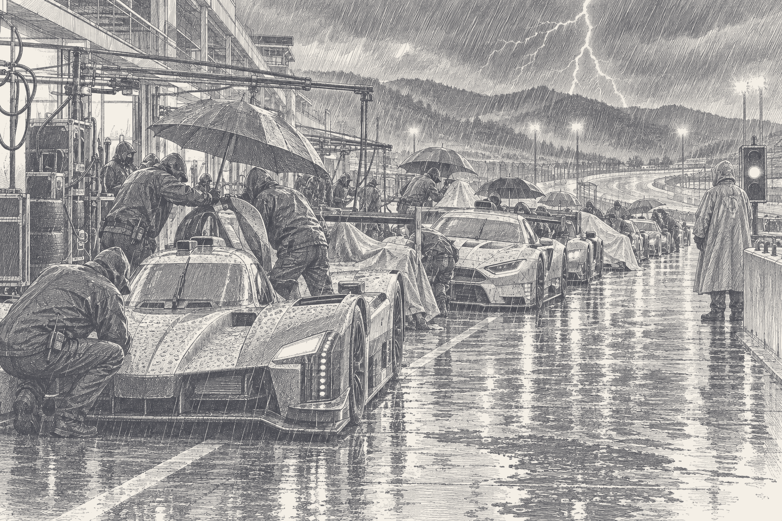 Two-tone hatched-ink illustration of a pit lane halted in a thunderstorm, a prototype and GT cars lined up under rain covers and umbrellas with crews hunched beside them, a marshal in a rain cape standing by the pit-exit light, and lightning forking over wooded hills beyond the floodlit track.