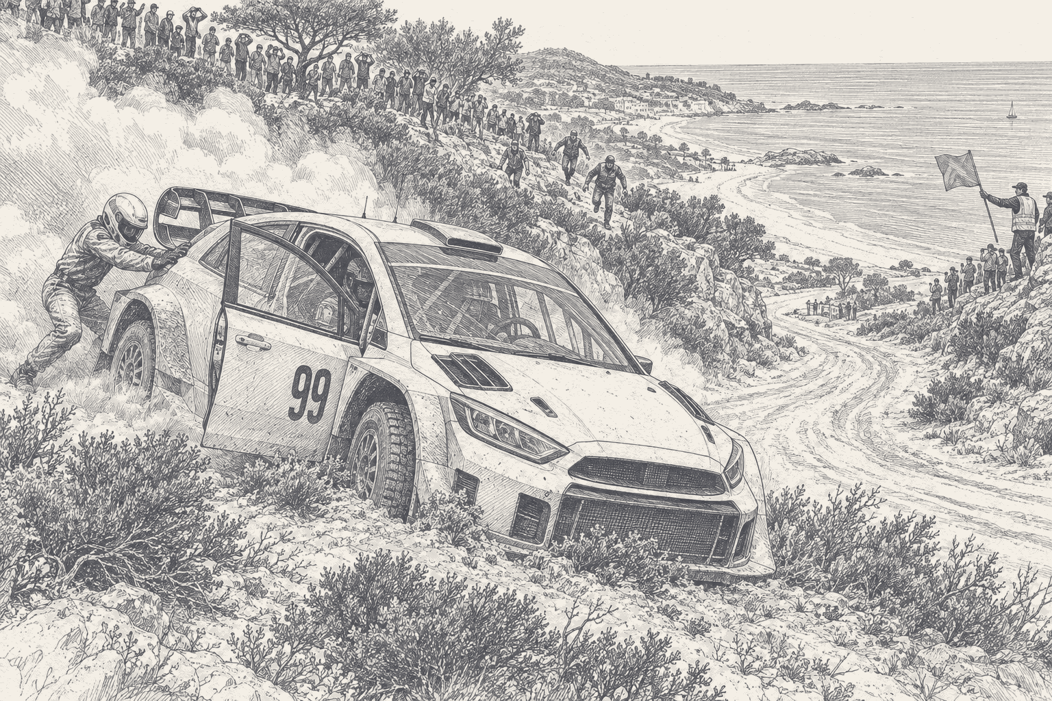 Two-tone hatched-ink illustration of a rally car numbered 99 beached in the scrub on a sandy bank, its door open and a helmeted crew member pushing at the rear, dust hanging behind, spectators hurrying down the slope and a marshal with a flag above a gravel road that drops to a beach and the sea.