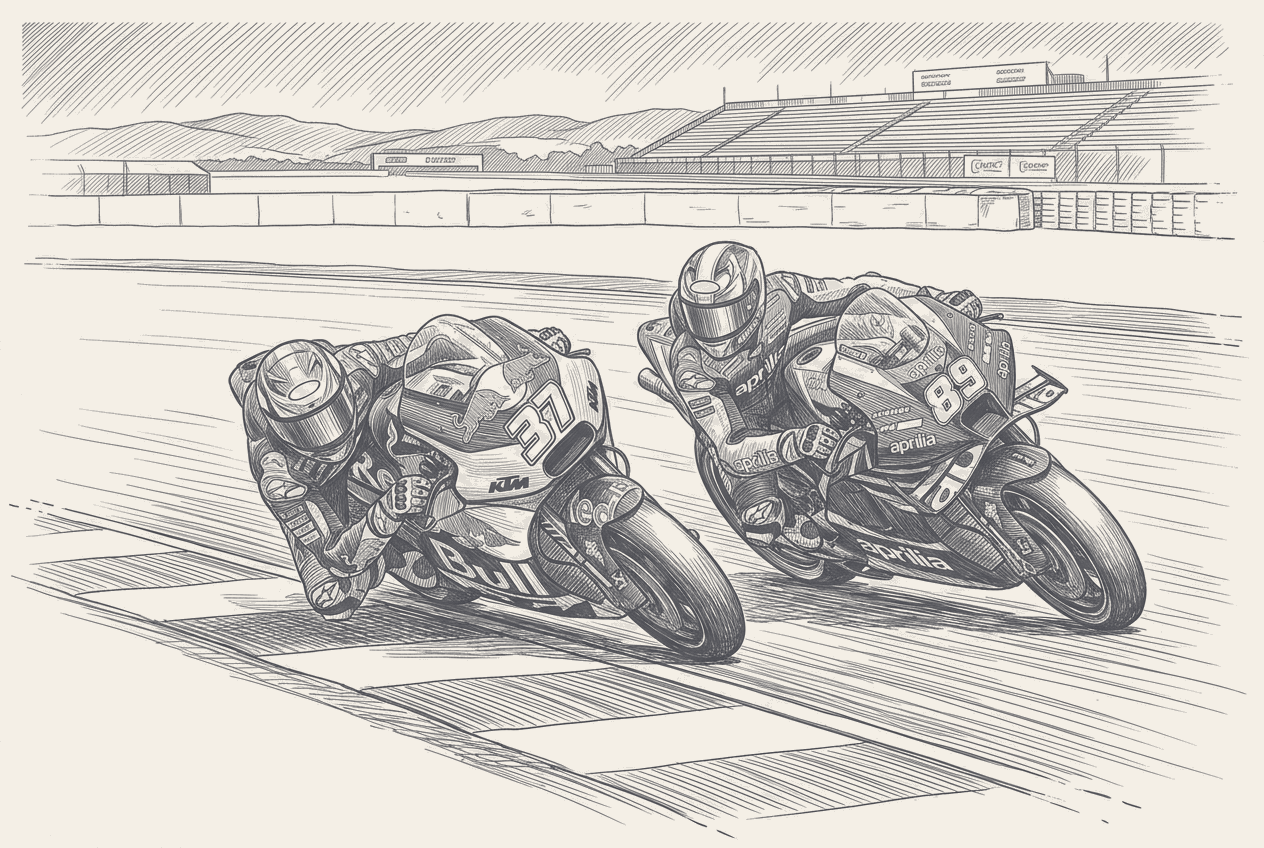 Two-tone hatched-ink illustration of two MotoGP bikes at full lean on the exit of a right-hand corner, the Red Bull KTM carrying number 37 just ahead of the Aprilia carrying 89, a painted kerb running across the foreground and a grandstand under low hills behind.