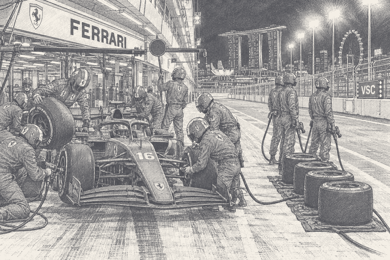 Two-tone hatched-ink illustration of a Ferrari pit stop at night at Marina Bay, crew changing the tyres on car number 16 under the FERRARI garage sign while a second crew waits with wheel guns beside stacked tyres and a lit VSC board, Marina Bay Sands and the Singapore Flyer behind.