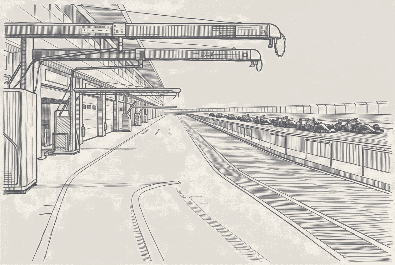 Two-tone hatched-ink illustration looking from the mouth of a pit lane entry down a completely deserted pit lane, garages and gantry on the left, with a line of race cars passing at speed on the circuit beyond the barrier without turning in.