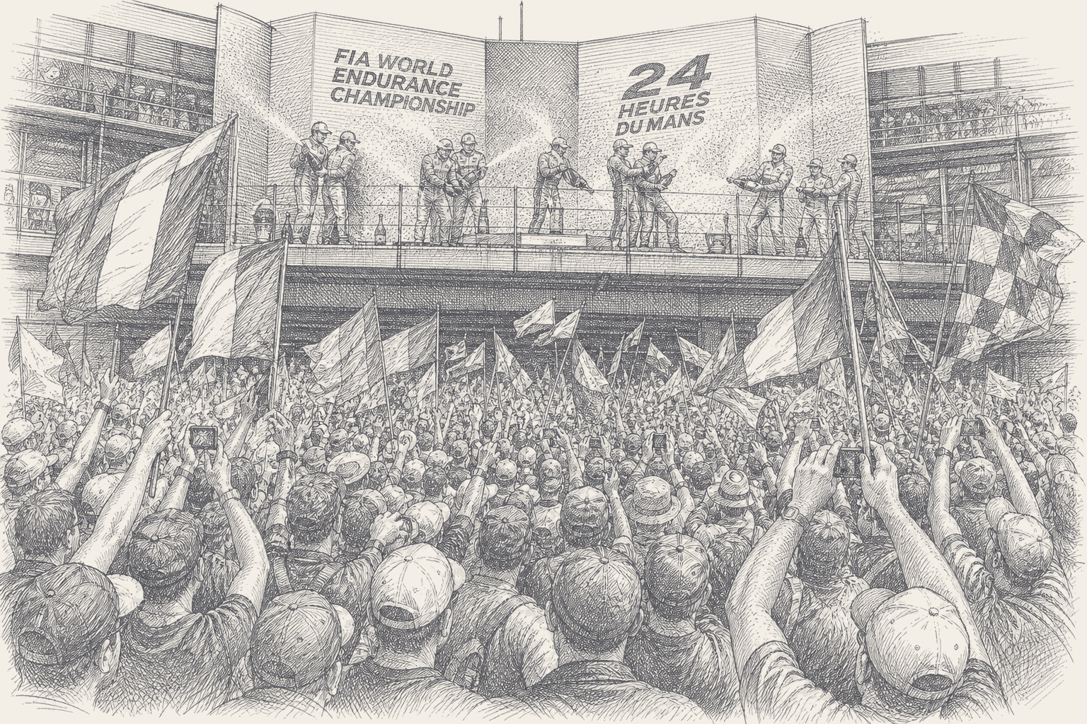 Two-tone hatched-ink illustration of drivers spraying champagne on the Le Mans podium beneath a backdrop reading FIA World Endurance Championship and 24 Heures du Mans, with the pit straight below flooded by cheering spectators waving flags.