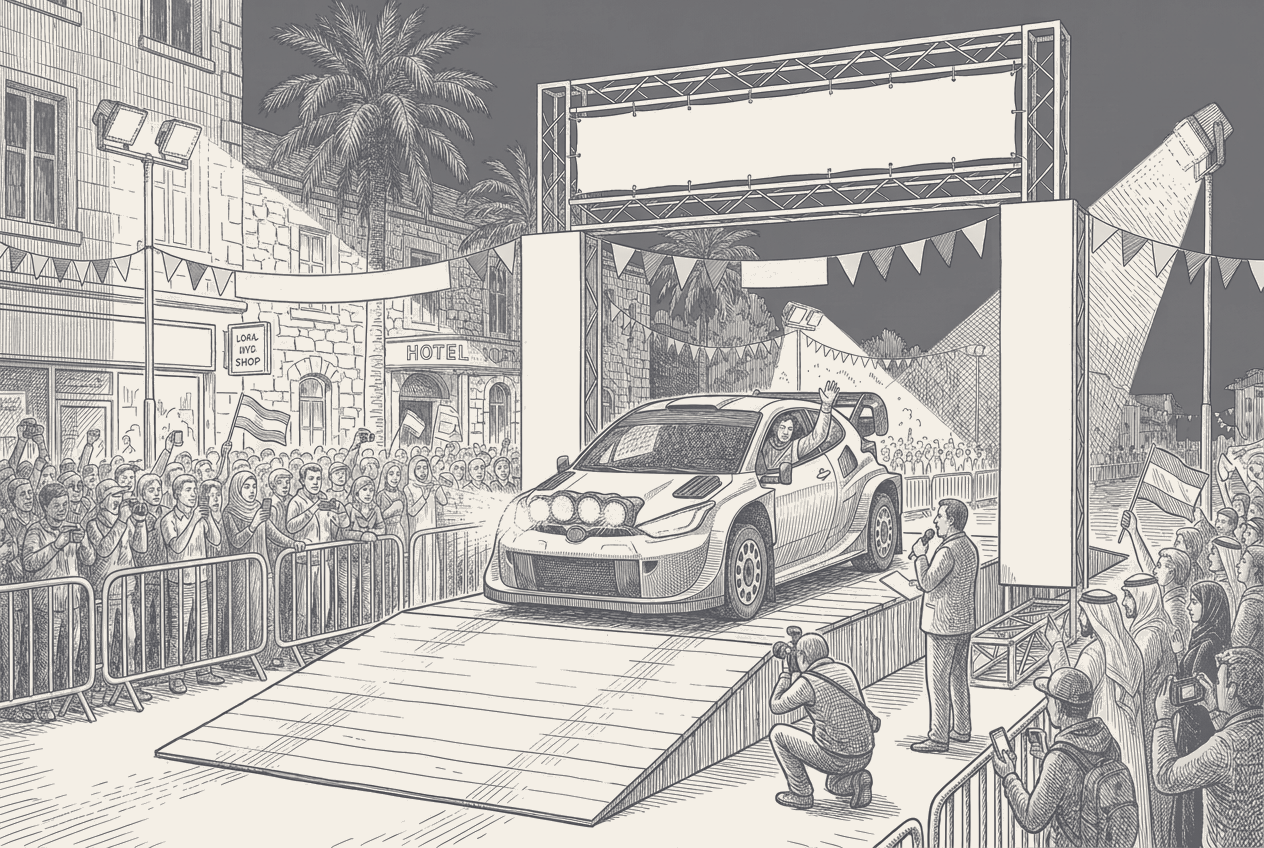 Two-tone hatched-ink illustration of a rally car raised on a floodlit ceremonial start ramp at night, a crowd pressed against barriers down both sides with cameras up, an announcer at the foot of the ramp and a photographer crouched at its edge, beneath a gantry whose wide banner frame stands completely empty against the night sky.