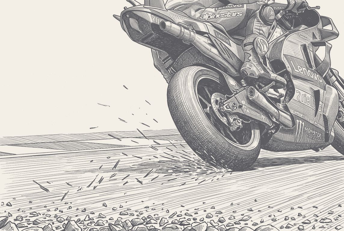 Two-tone hatched-ink illustration of a grand prix motorcycle at full lean seen from tarmac level, cropped by the upper right of the frame, its underbody throwing a spray of sparks that skips toward the viewer across asphalt drawn in sharp close texture.