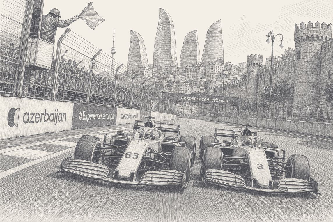 Two Formula 1 cars nose to nose on Baku's main straight, pen and ink