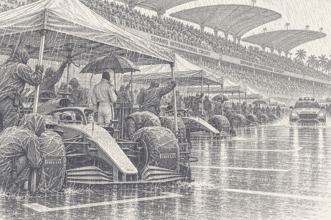 A Formula 1 grid sheltering under gazebos in the Sepang rain, pen and ink