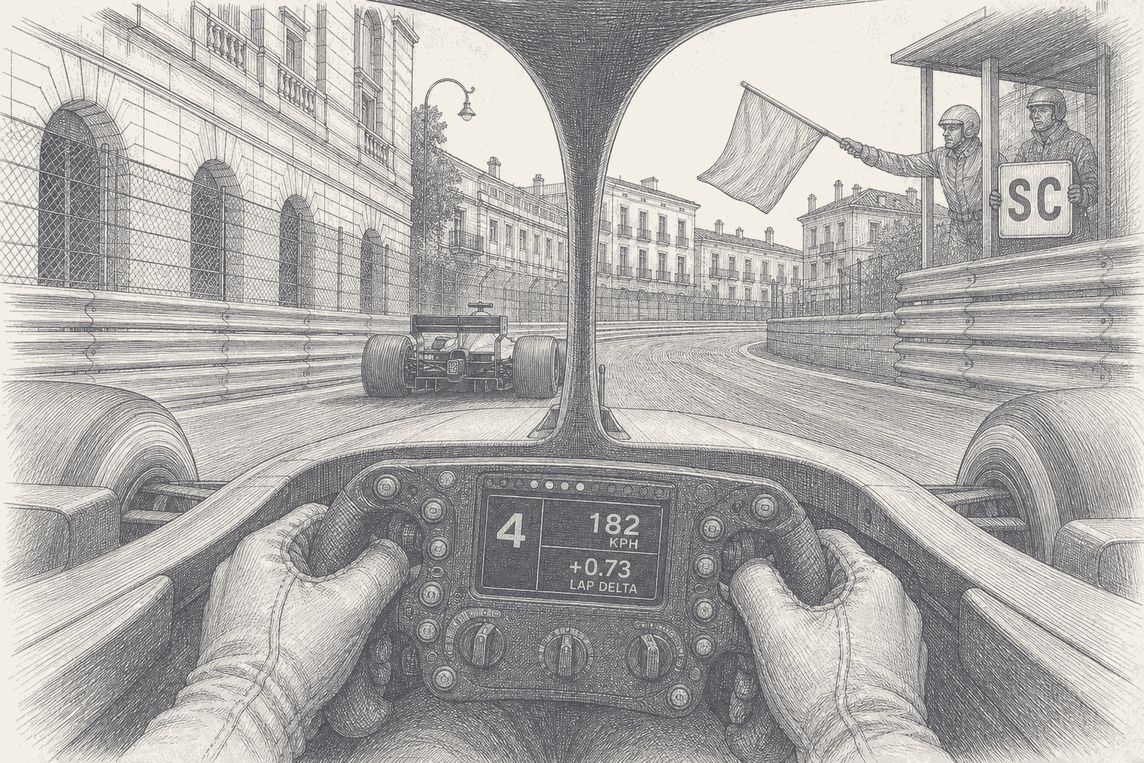 An SC board seen from a Formula 1 cockpit at Baku, pen and ink