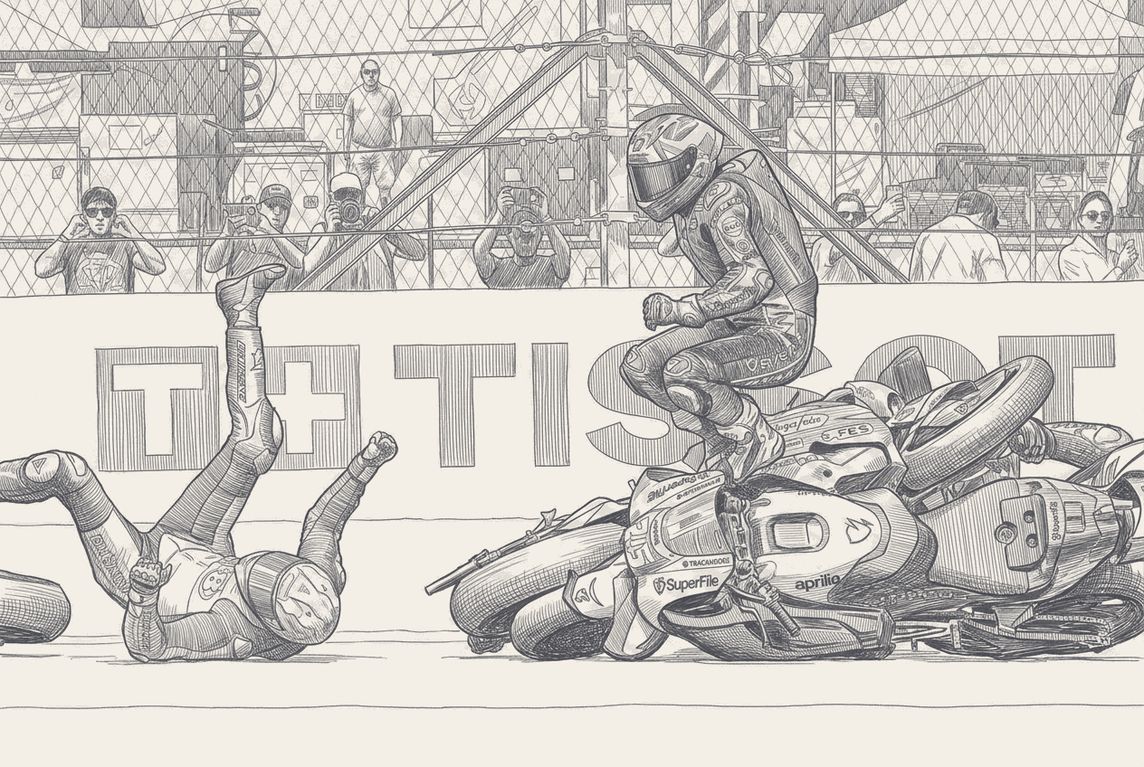 Jorge Martin and Marco Bezzecchi in the Balaton Turn 1 gravel, pen and ink