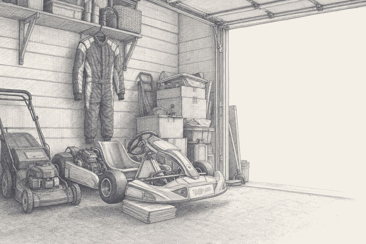A boy&rsquo;s kart parked in a domestic garage beside household clutter, a race suit far too small hanging above it, pen and ink