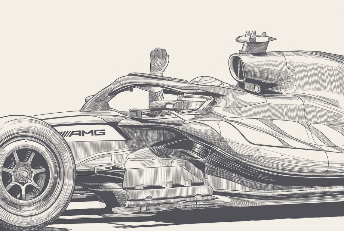 Antonelli's Mercedes and Leclerc's Ferrari at Silverstone, pen and ink