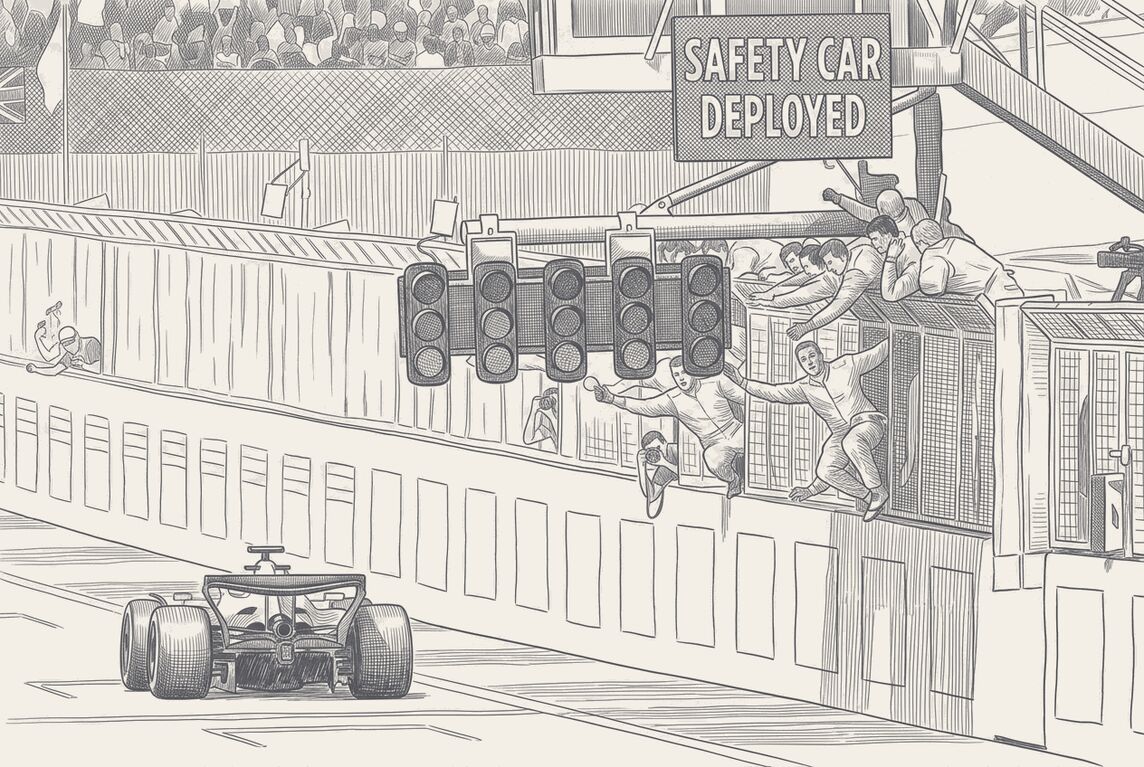 A safety car board at Silverstone, pen and ink