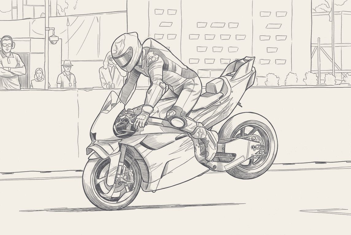 Two-tone hatched technical illustration of a MotoGP front wheel cutaway with a tyre pressure sensor valve picked out, a dashboard warning bar reading 1.80 along the lower frame, and a rider tucked in the hot wake of a leading bike sketched behind, Brno's downhill Turn One esses in the background.
