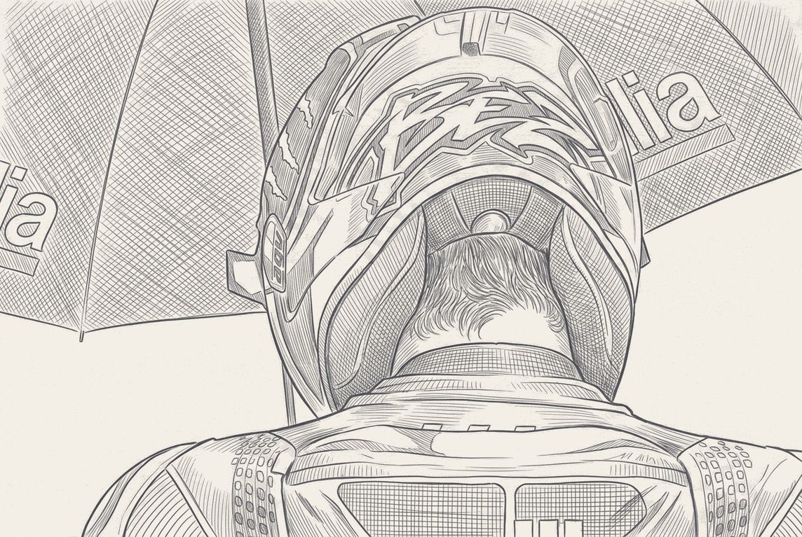 Two-tone hatched editorial illustration of a MotoGP rider seen from behind under an Aprilia pit umbrella, the back of his helmet and shoulders filling the frame, the absent championship leader rendered in ink line work on cream.