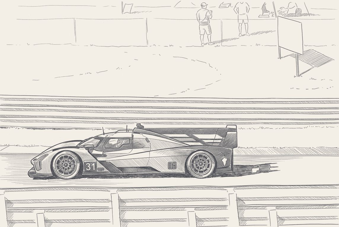 Cadillac at Watkins Glen, pen and ink