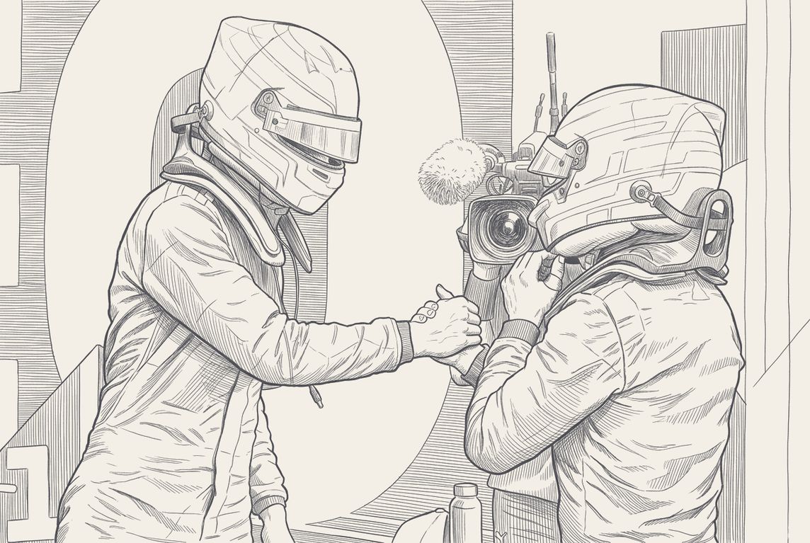 The Mercedes W17 at the Circuit Gilles-Villeneuve final chicane, pen and ink