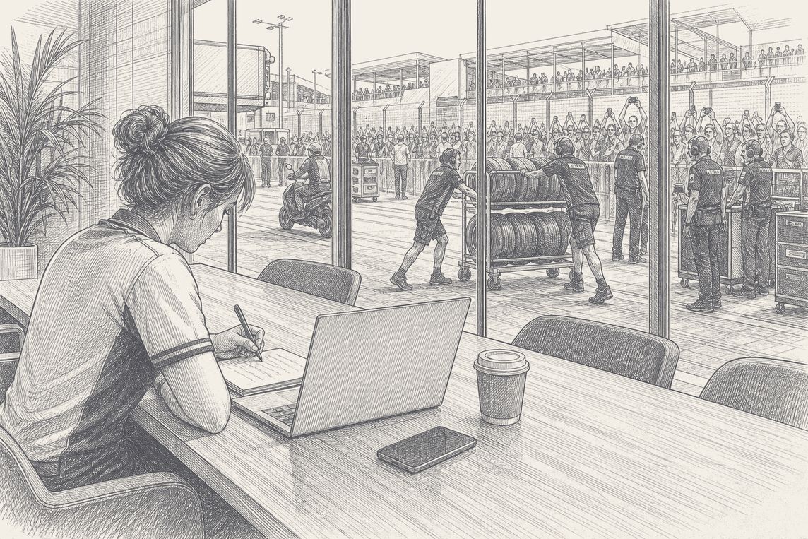 A press officer writing at a paddock table as mechanics wheel tyres past fans holding up phones, pen and ink