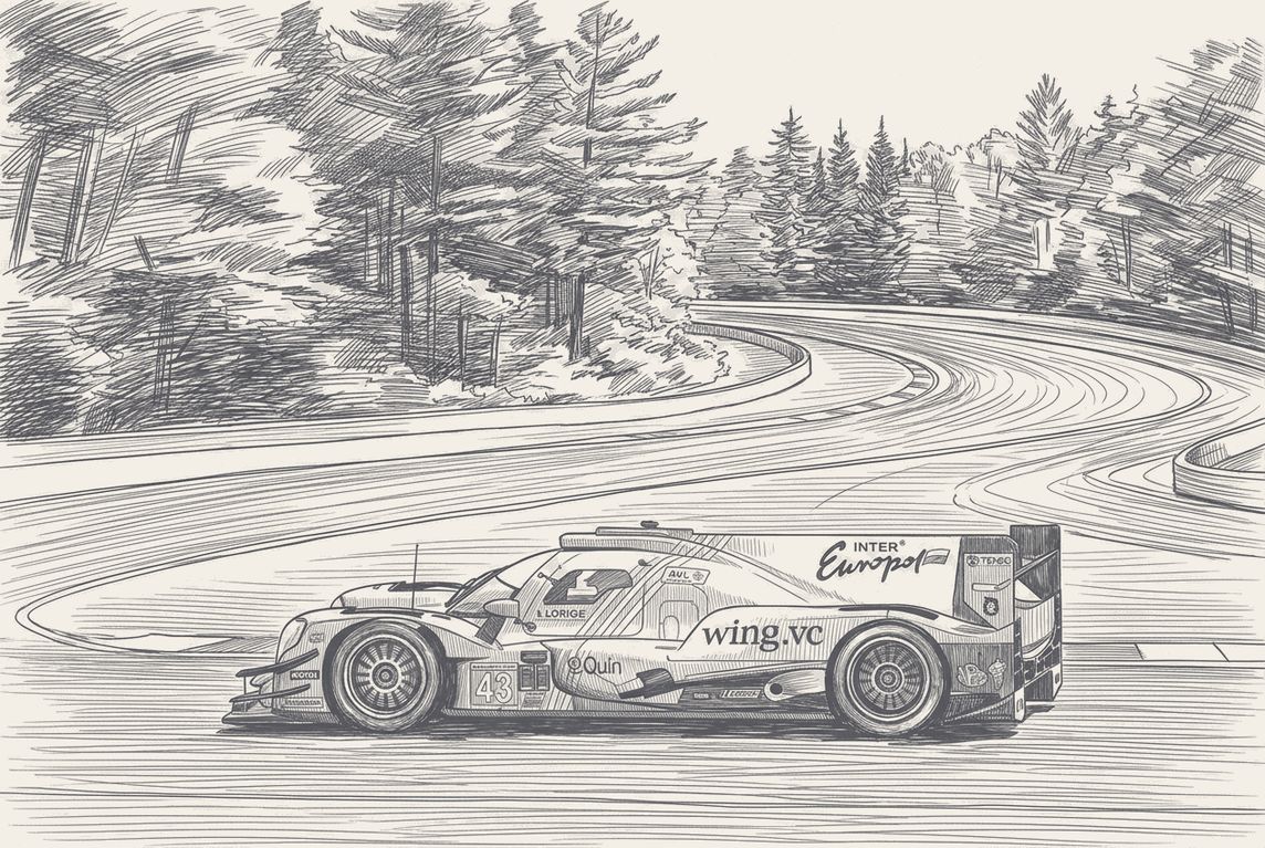 Two ORECA 07 LMP2 prototypes nose to tail with a GT3 car being lapped on the inside, pen and ink