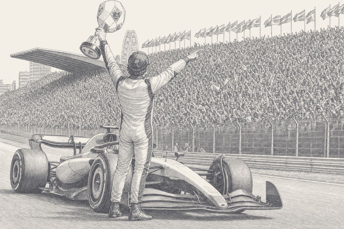 A race winner on the main straight, trophy raised, packed grandstand behind, pen and ink