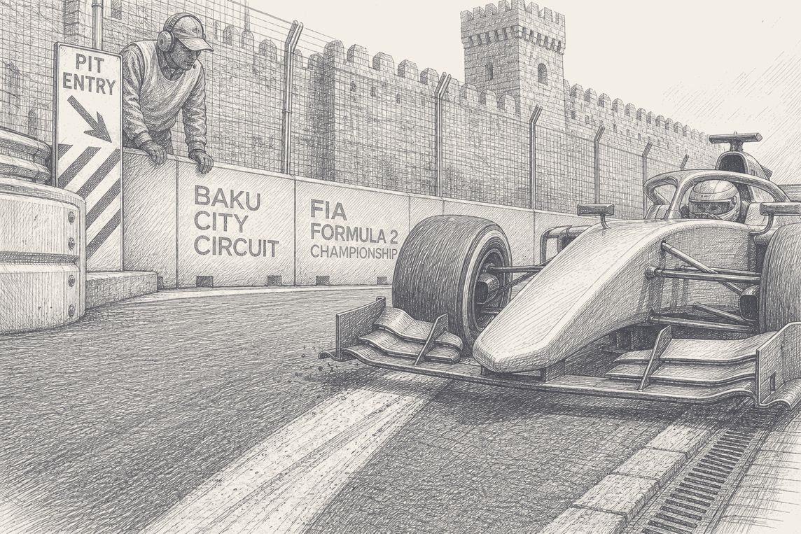 A Formula 2 car at the Baku pit entry, pen and ink