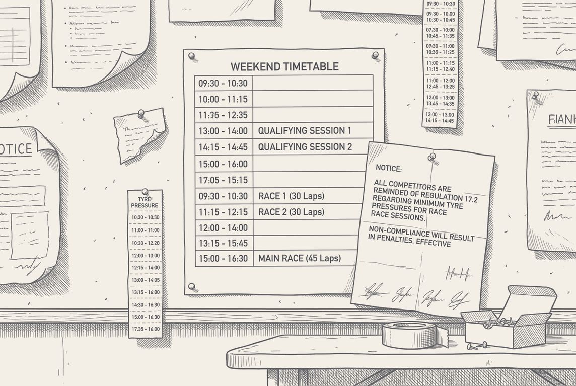 Two-tone hatched-ink illustration of a crowded paddock noticeboard, a pinned weekend timetable listing two qualifying sessions and three races beside a signed notice carrying a stack of signatures, a tyre-pressure strip, and tape and a box of pins on the shelf below.