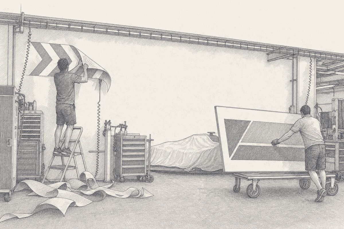A pit garage wall mid-rebrand, one crew member peeling a chevron decal off while another rolls a new nameplate up the wall, pen and ink