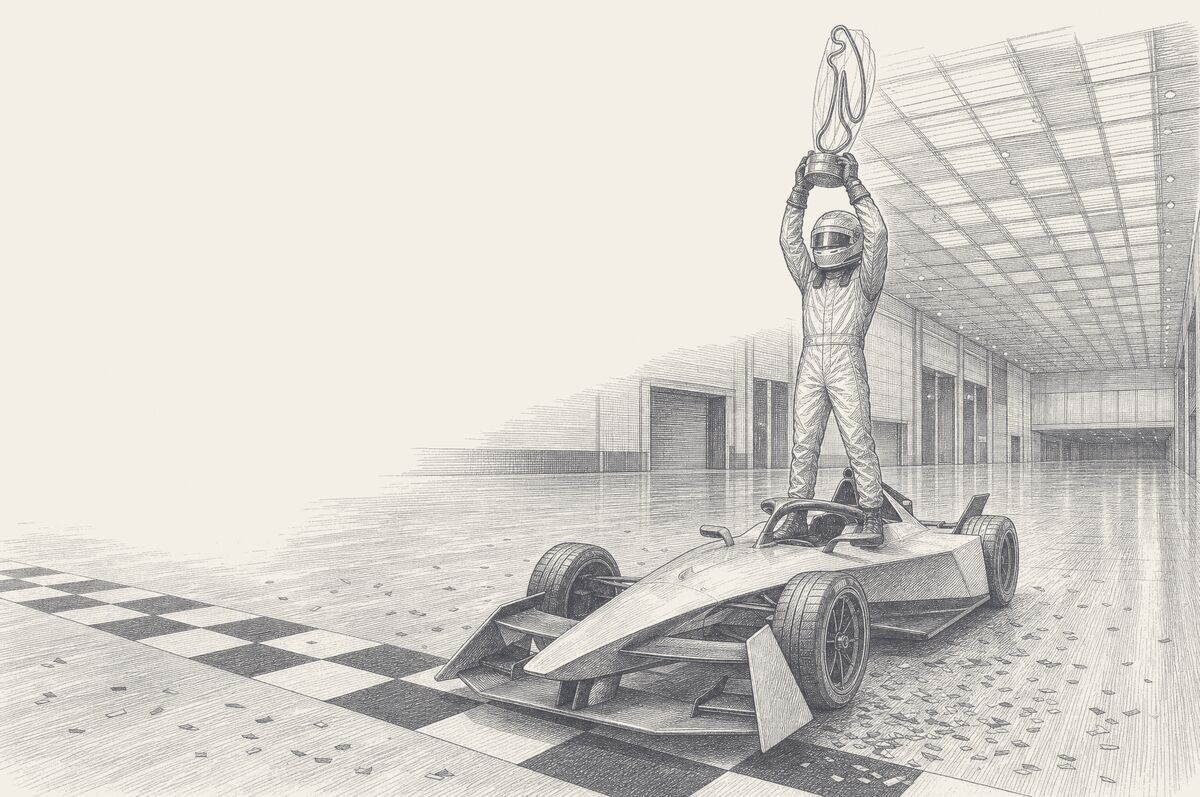 A driver standing on his single-seater at the finish line, championship trophy raised, alone in an empty exhibition hall, pen and ink
