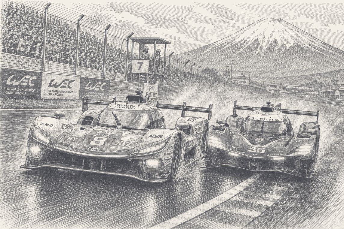 The No. 8 Toyota and No. 36 Alpine side by side at Fuji, pen and ink