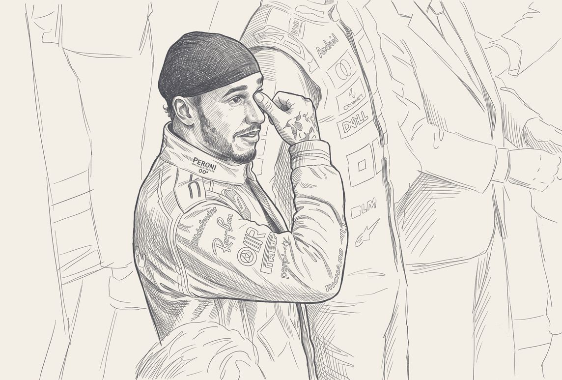 Lewis Hamilton on the Barcelona podium, pen and ink