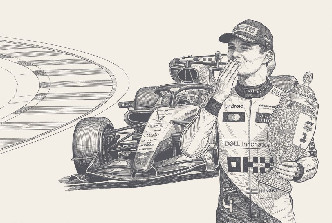 A Hungaroring marshal waving a blue flag by hand beside a dark signalling panel, pen and ink