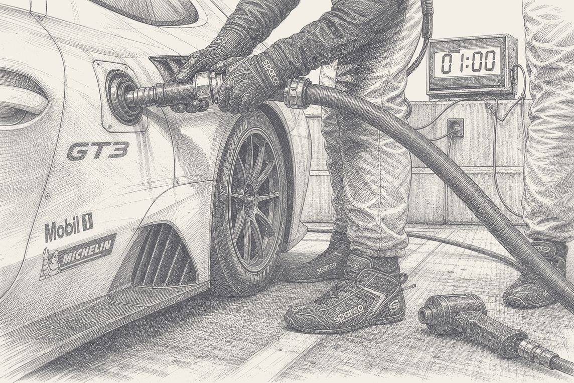 Two-tone hatched-ink illustration of a refuelling probe locked into a GT3 car's filler with two gloved hands on it, the fuel hose curving away past a crew member's legs and boots, a wheel gun lying on the pit floor and a pit-wall race clock reading one minute.