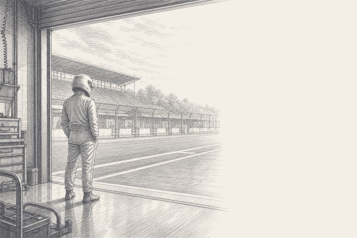 A helmeted figure in a garage doorway, back turned, watching an empty pit lane, pen and ink