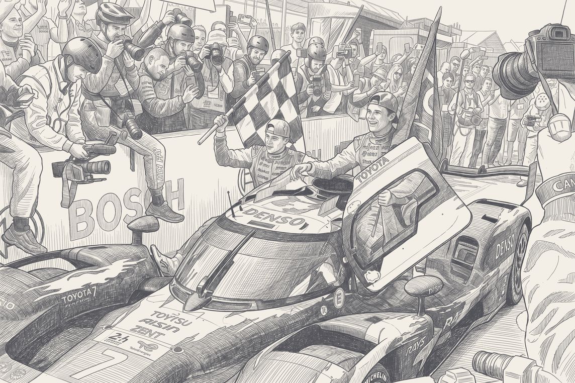 The No. 7 Toyota at Le Mans, pen and ink