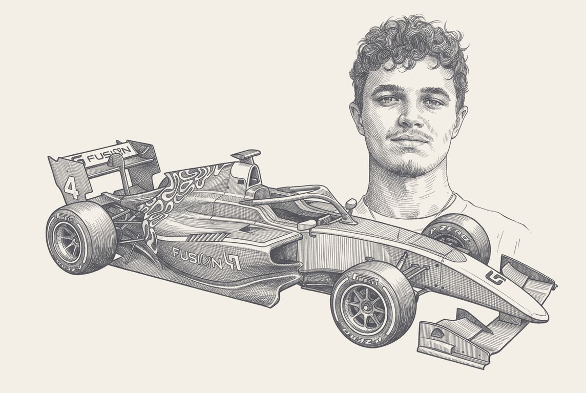 A single-seater in Fusion livery, pen and ink
