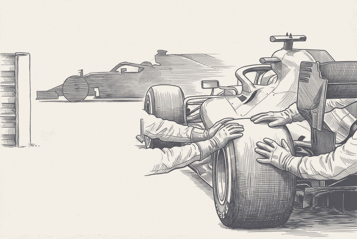 Two-tone hatched-ink illustration cropped close on the rear of a stopped single-seater, marshals' gloved hands braced on its rear wing, engine cover and rear tyre to push it, while a second race car passes at speed on the track behind.