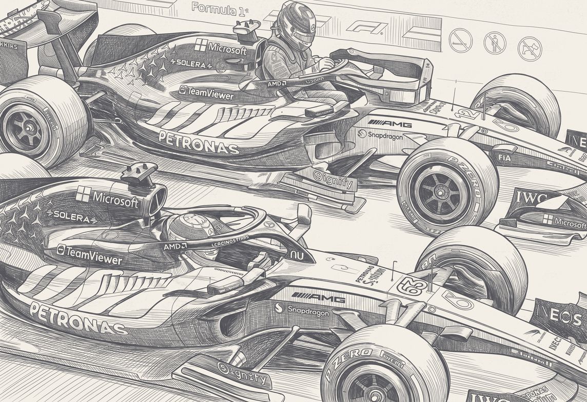 Antonelli&rsquo;s stopped Mercedes at Barcelona, pen and ink
