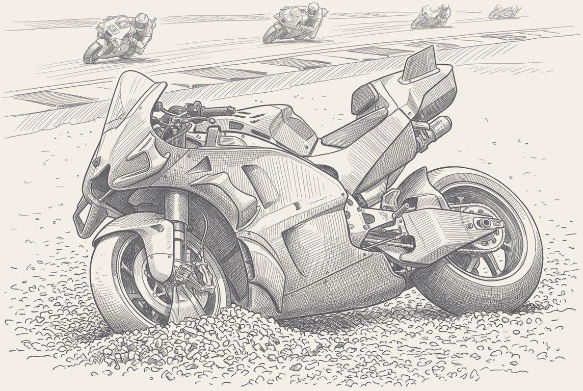 Two-tone hatched-ink illustration of a modern MotoGP prototype standing upright in a gravel trap with its front wheel turned, and four riders leaned over through the corner on the track behind it.