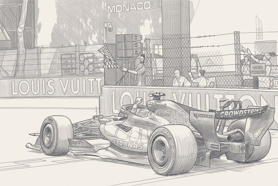 Monaco podium and the stewards&rsquo; room, pen and ink