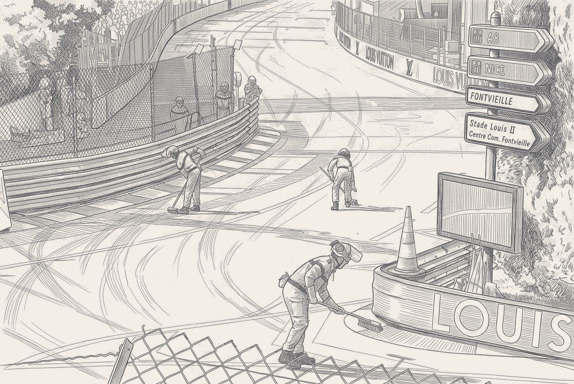 Monaco Turn 19 broken asphalt and Balaton Turn 1, pen and ink