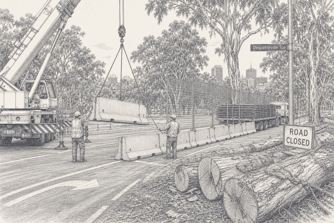 A street circuit being built along an Adelaide terrace, pen and ink