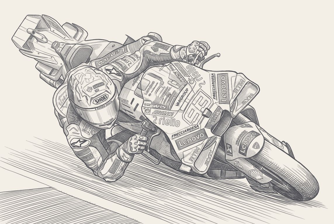 Marc Marquez at Mugello, pen and ink