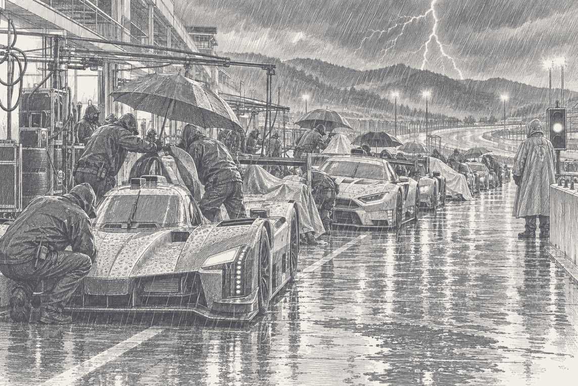 A pit lane halted by lightning at Road Atlanta, pen and ink