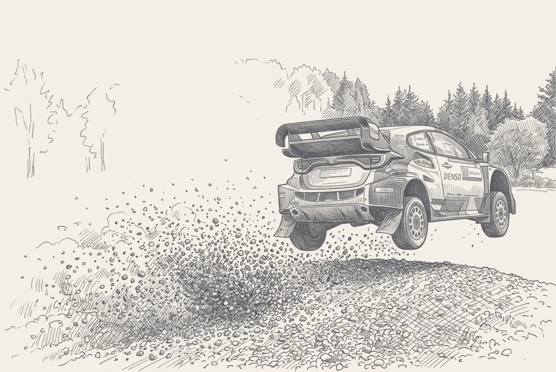 A Toyota GR Yaris Rally1 on Estonian gravel, pen and ink