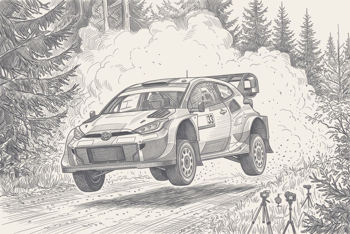 A rally car crossing a gravel stop line as an older figure in period overalls reaches out a hand, pen and ink