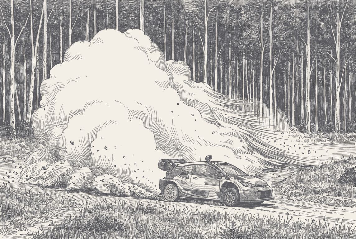 Two-tone hatched-ink illustration of a rally car on a rutted gravel road beneath a towering dust plume that boils up and trails back across a wall of tall pale forest trunks, clods flung clear of it as dark flecks, rough grass across the foreground, and a raised air intake snorkel clamped over the car&rsquo;s roofline.