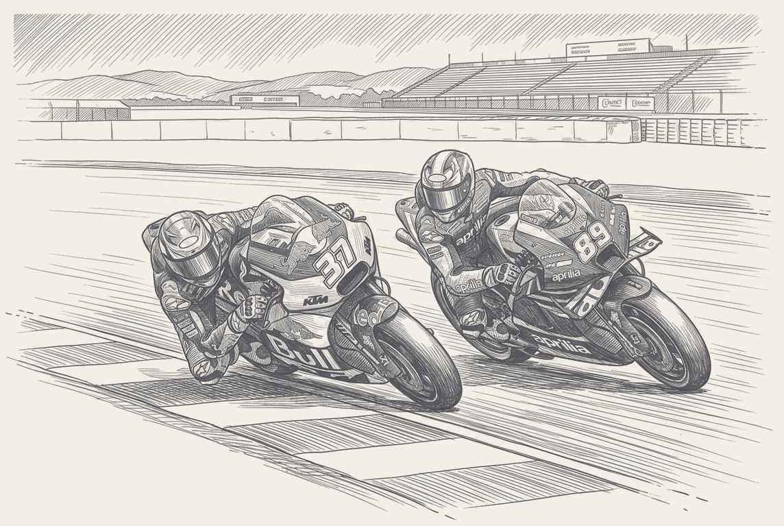 Two-tone hatched-ink illustration of two MotoGP bikes at full lean on the exit of a right-hand corner, the Red Bull KTM carrying number 37 just ahead of the Aprilia carrying 89, a painted kerb running across the foreground and a grandstand under low hills behind.